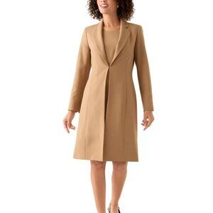 $300 Le Suit Long Coat & Basic Sheath Dress Camel Size 14P